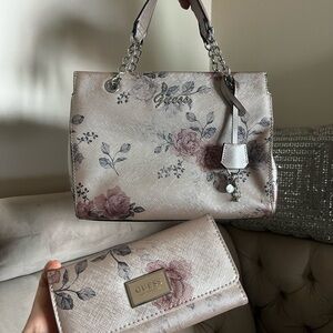 Guess Floral Shoulder Bag and Wallet - Pink and Gray
